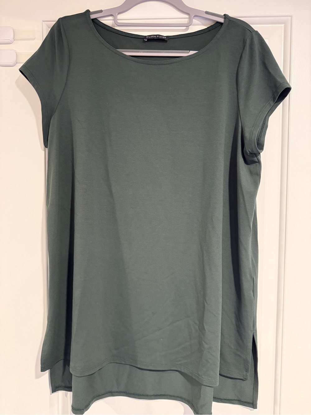 Eileen Fisher Green Viscose Spandex Short Sleeve Tee Women's Relaxed Knit Top